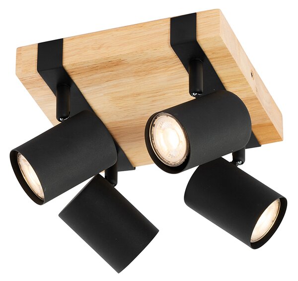 Lampa sufitowa czarna z drewnem 4-punktowa regulowana prostokątna - Jeana