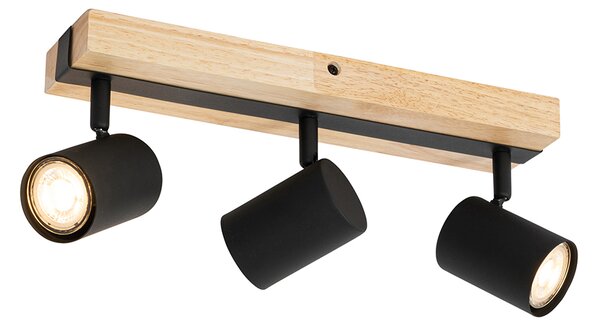 Lampa sufitowa czarna z drewnem, 3-punktowa, regulowana, prostokątna - Jeana