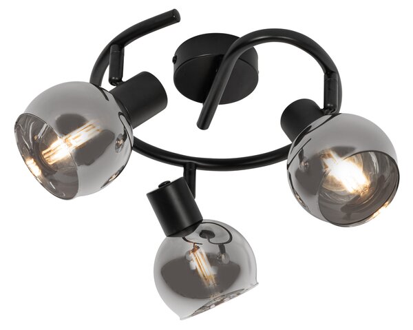 Lampa sufitowa art deco czarna z przydymionym szkłem 3-punktowa okrągła - Vidro