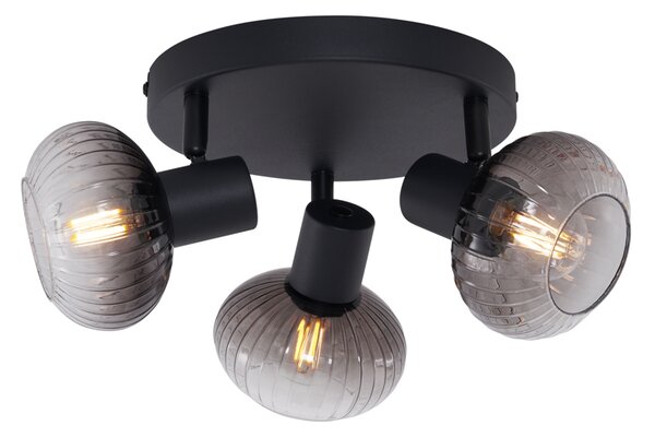 Nowoczesny sufitowy reflektor LED czarny z okrągłym dymionym szkłem 3-punktowy - Teddy