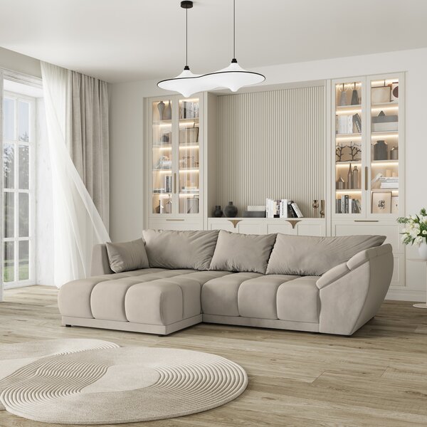 Masseno Narożnik ORENTI z funkcją spania i pojemnikiem na pościel Narozniki L, Rozkładana sofa - Beżowy, MATT VELVET 09