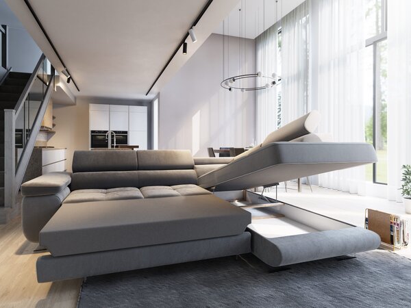 Masseno Narożnik SELVA z Funkcją Spania i Pojemnikiem na Pościel Narożnik L, Rozkładana sofa - Szary, MONOLITH 85