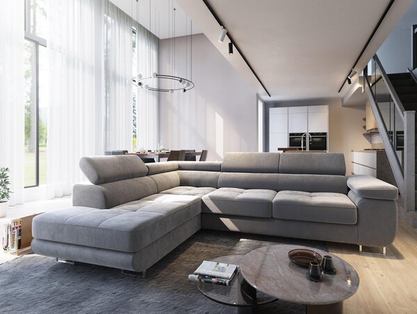 Masseno Narożnik SELVA z Funkcją Spania i Pojemnikiem na Pościel Narożnik L, Rozkładana sofa - Jasnoszary, MONOLITH 84