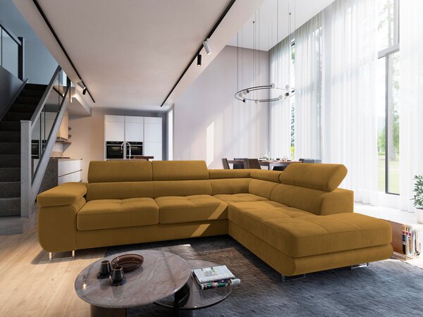 Masseno Narożnik SELVA z Funkcją Spania i Pojemnikiem na Pościel Narożnik L, Rozkładana sofa - Żółty, MONOLITH 48