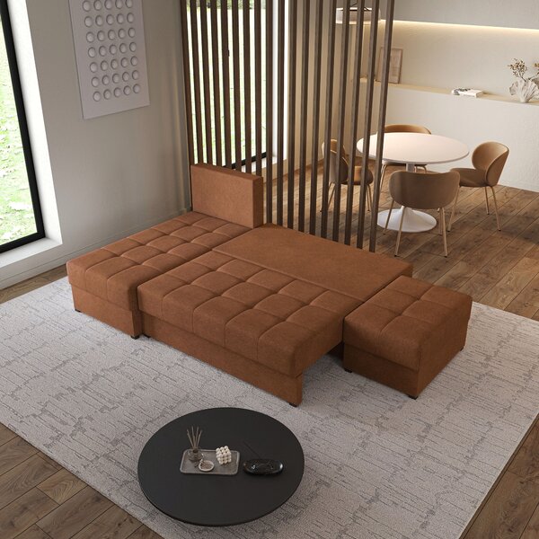 Masseno Narożnik NORVI z funkcją spania i pojemnikiem na pościel Narozniki L, Rozkładana sofa - Miedziany, NEVE 52