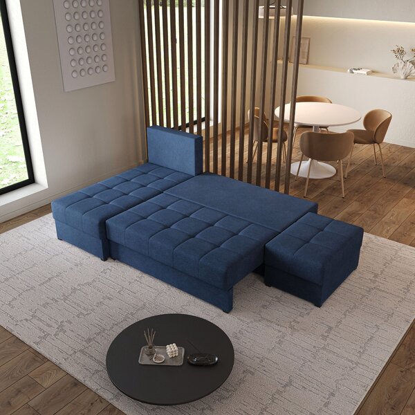 Masseno Narożnik NORVI z funkcją spania i pojemnikiem na pościel Narozniki L, Rozkładana sofa - Niebieski, NEVE 77