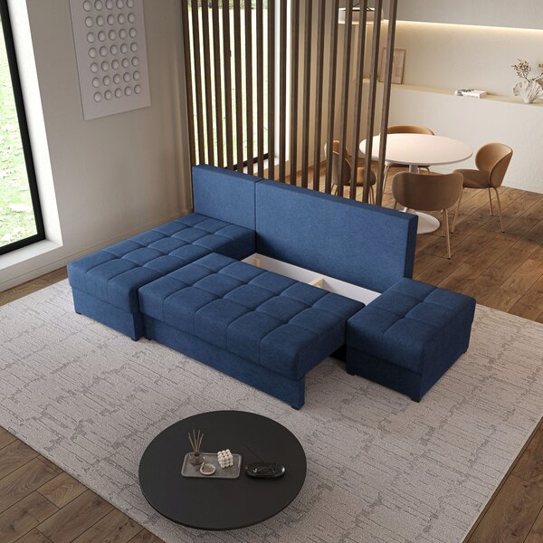 Masseno Narożnik NORVI z funkcją spania i pojemnikiem na pościel Narozniki L, Rozkładana sofa - Niebieski, NEVE 77