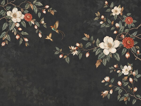 Fototapety Kwitnące gałęzie i dwa ptaki na ciemnym tle, Fototapety Kwiaty, w05927 : Uwalls.pl