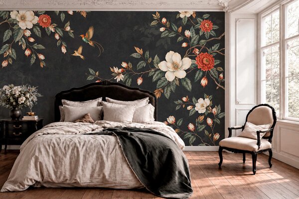 Fototapety Kwitnące gałęzie i dwa ptaki na ciemnym tle, Fototapety Kwiaty, w05927 : Uwalls.pl