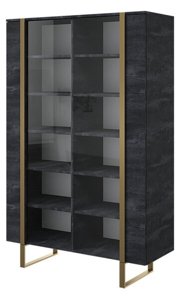 Dwudrzwiowa witryna Verica z metalowymi nogami 120 cm - czarny beton / złote nóżki