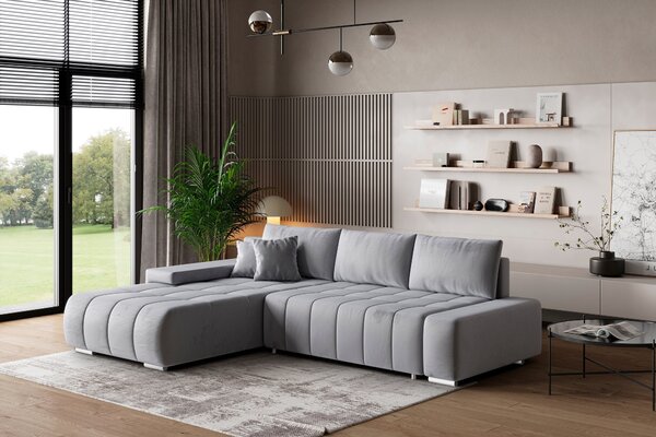 Masseno Narożnik ALESE z funkcją spania i pojemnikiem na pościel Narozniki L, Rozkładana sofa - Jasnoszary, MONOLITH 84