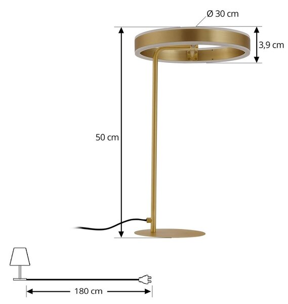 Lampa stołowa LED Yekta Lucande, możliwość ściemniania, mosiężny / złoty, salon / jadalnia, metal, design