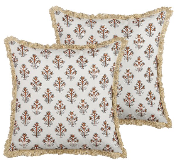 Zestaw dwóch poduszek dekoracyjnych bawełniane białe wzór w kwiaty 45x45 cm Omorika Beliani