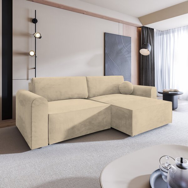 Masseno Narożnik FIANO z funkcją spania i pojemnikiem na pościel Narozniki L, Rozkładana sofa - Kremowy, MONOLITH 04