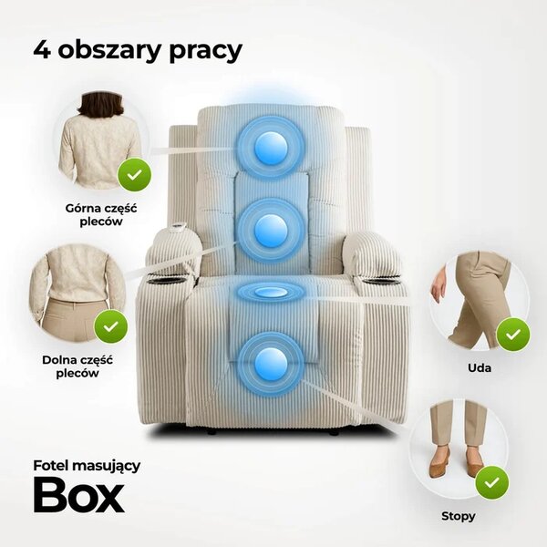 Fotel Masujący BOX Rozkładany Wypoczynkowy z Podnóżkiem Beżowy Sztruksowy Japandi