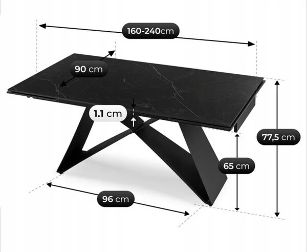 Stół Rozkładany Prostokątny VICTOR 160-240 cm Ceramiczny Czarny do Jadalni Nowoczesny Loft