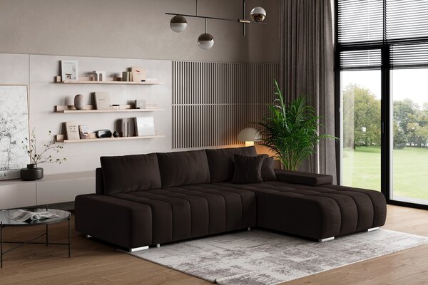 Masseno Narożnik ALESE z funkcją spania i pojemnikiem na pościel Narozniki L, Rozkładana sofa - Brązowy, MONOLITH 29