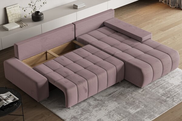 Masseno Narożnik ALESE z funkcją spania i pojemnikiem na pościel Narozniki L, Rozkładana sofa - Wrzosowy, MONOLITH 62