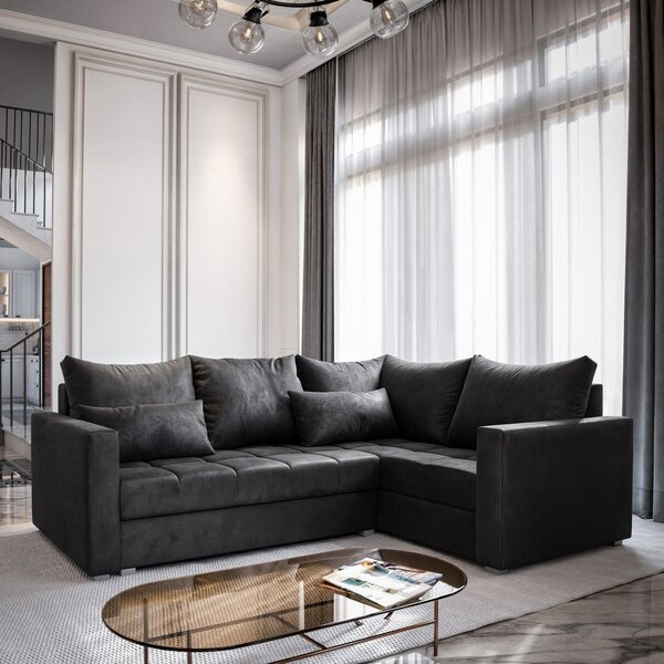 Masseno Narożnik LIRENO z funkcją spania i pojemnikiem na pościel Narozniki L, Rozkładana sofa - Czarny, KRONOS 07