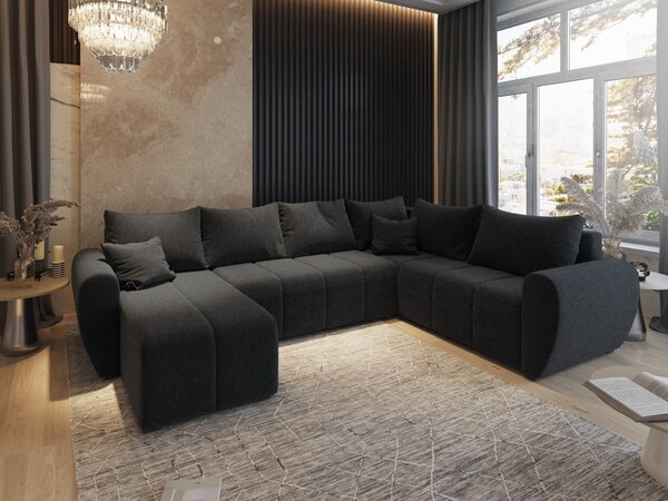 Masseno Narożnik MADISON z funkcją spania i pojemnikiem na pościel Narozniki U, Rozkładana sofa - Czarny, SAWANA 14