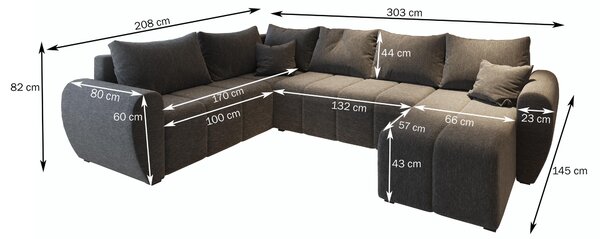 Masseno Narożnik MADISON z funkcją spania i pojemnikiem na pościel Narozniki U, Rozkładana sofa - Szary, SAWANA 05