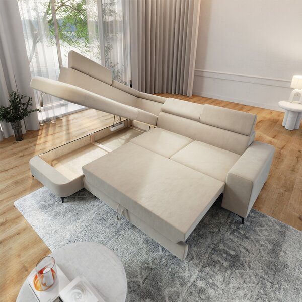 Masseno Narożnik ALVORO z funkcją spania i pojemnikiem na pościel Narozniki L, Rozkładana sofa - Kremowy, MATT VELVET 06