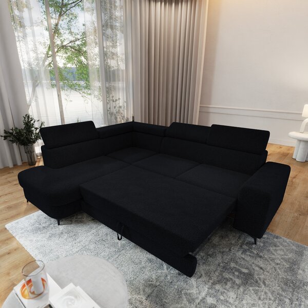 Masseno Narożnik ALVORO z funkcją spania i pojemnikiem na pościel Narozniki L, Rozkładana sofa - Czarny, QUELLE 100