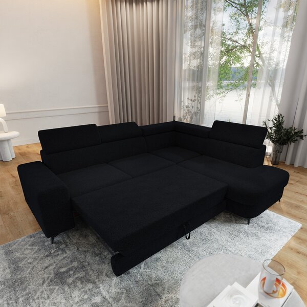 Masseno Narożnik ALVORO z funkcją spania i pojemnikiem na pościel Narozniki L, Rozkładana sofa - Czarny, QUELLE 100