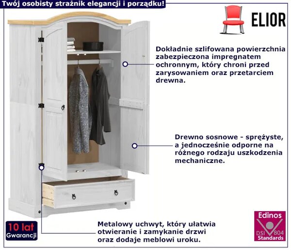 Sosnowa szafa z drążkiem i szufladą biały + miodowy brąz E0-R27