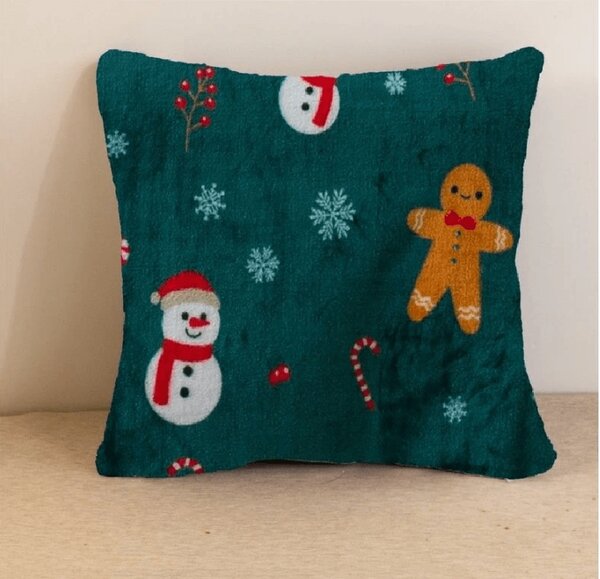 Poszewka z mikropluszu na poduszkę SNOWMAN AND GINGERBREAD 45x45 cm, zielona