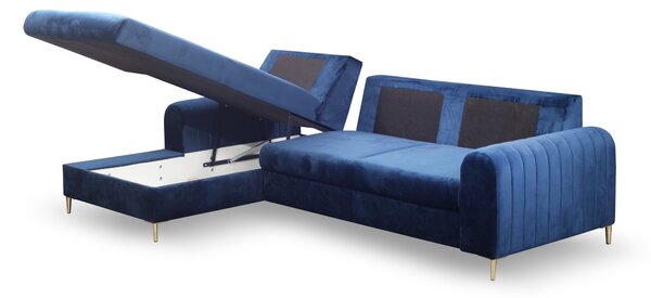 Masseno Narożnik VERONA z funkcją spania i pojemnikiem na pościel Narozniki L, Rozkładana sofa - Niebieski, VELLUTO NAVY 25