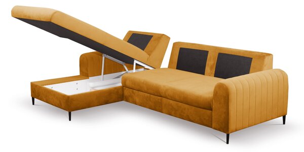 Masseno Narożnik VERONA z funkcją spania i pojemnikiem na pościel Narozniki L, Rozkładana sofa - Żółty, VELLUTO MUSTARD 8