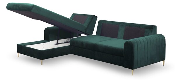 Masseno Narożnik VERONA z funkcją spania i pojemnikiem na pościel, Rozkładana sofa - Zielony, VELLUTO JUNGLE GREEN 27
