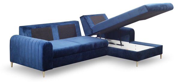 Masseno Narożnik VERONA z funkcją spania i pojemnikiem na pościel Narozniki L, Rozkładana sofa - Niebieski, VELLUTO NAVY 25