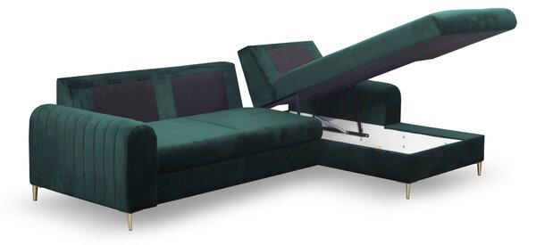 Masseno Narożnik VERONA z funkcją spania i pojemnikiem na pościel, Rozkładana sofa - Zielony, VELLUTO JUNGLE GREEN 27