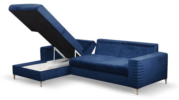 Masseno Narożnik GRIFO z funkcją spania i pojemnikiem na pościel Narozniki L, Rozkładana sofa - Niebieski, VELLUTO NAVY 25