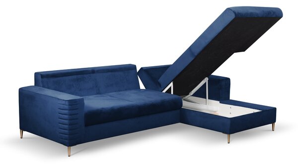 Masseno Narożnik GRIFO z funkcją spania i pojemnikiem na pościel Narozniki L, Rozkładana sofa - Niebieski, VELLUTO NAVY 25