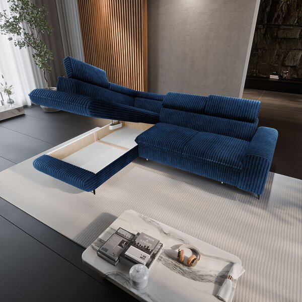 Masseno Narożnik VELISS z funkcją spania i pojemnikiem na pościel Rozkładana sofa do Salonu - Niebieski, TILIA 77