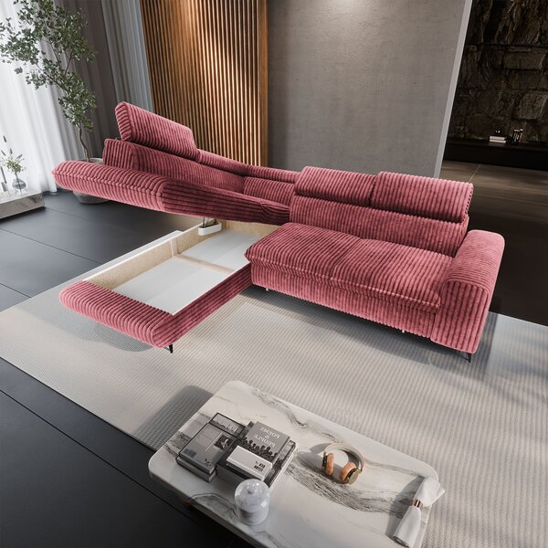 Masseno Narożnik VELISS z funkcją spania i pojemnikiem na pościel Rozkładana sofa do Salonu - Pudrowy róż, TILIA 62