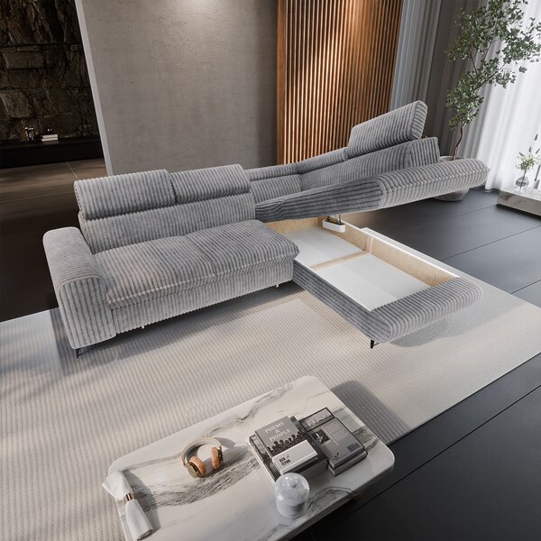 Masseno Narożnik VELISS z funkcją spania i pojemnikiem na pościel Rozkładana sofa do Salonu - Jasnoszary, TILIA 86