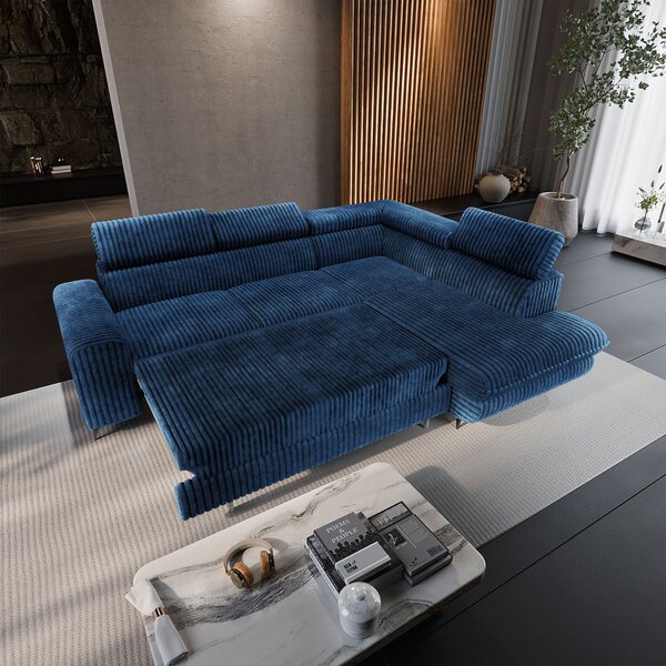 Masseno Narożnik VELISS z funkcją spania i pojemnikiem na pościel Rozkładana sofa do Salonu - Niebieski, TILIA 77