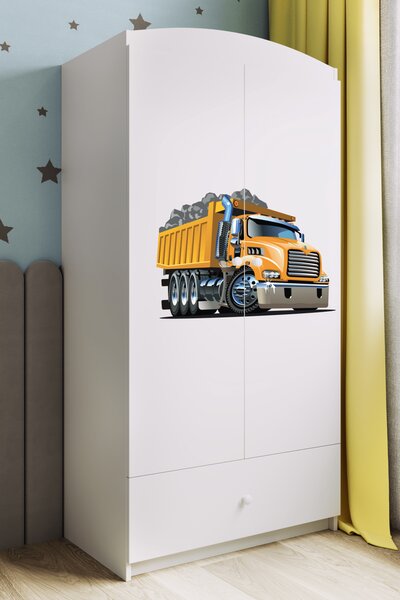 Biała dwudrzwiowa szafa z szufladą i wzorem ciężarówki