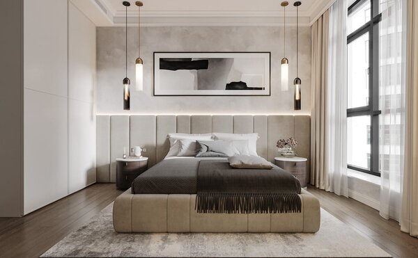 Rama łóżka 180x200 ze ścianką tapicerowaną CALVANICO + Pojemnik | Tkaniny i Kolory Do Wyboru