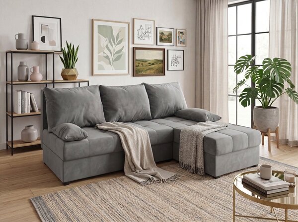 PROMOCJA Jasnoszara rozkładana narożna sofa ZENA, dwustronna II. jakość
