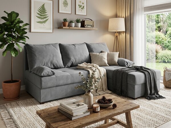 PROMOCJA Jasnoszara rozkładana narożna sofa ZENA, dwustronna II. jakość