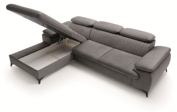 Masseno Narożnik FIORE z funkcją spania i pojemnikiem na pościel Narozniki L, Rozkładana sofa - Szary, MONOLITH 92