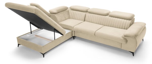Masseno Narożnik FIORE z funkcją spania i pojemnikiem na pościel Narozniki L, Rozkładana sofa - Kremowy, MONOLITH 02