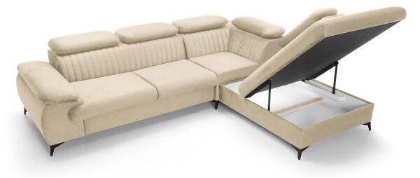Masseno Narożnik FIORE z funkcją spania i pojemnikiem na pościel Narozniki L, Rozkładana sofa - Kremowy, MONOLITH 02
