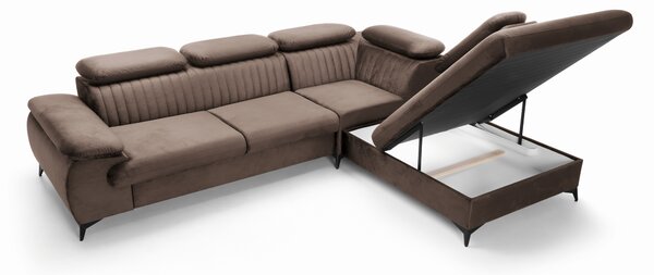 Masseno Narożnik FIORE z funkcją spania i pojemnikiem na pościel Narozniki L, Rozkładana sofa - Brązowy, MONOLITH 15