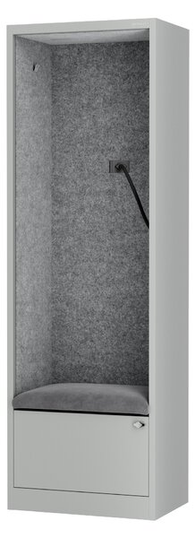 Szafa z siedziskiem i strefą wyciszenia SALLY MentalBox, szary korpus, szare siedzisko, 1850 x 600 x 400 mm